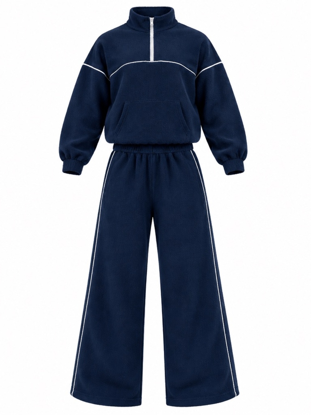 Women’s Navy Fleece Two-Piece Set with White Piping Size M